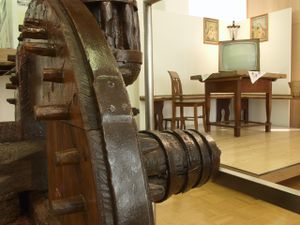 Mill wheel, <i>The Cerkno Region Through the Centuries</i> permanent exhibition at <!--LINK'" 0:144-->  presenting the historical development of the Cerkno region, 2004