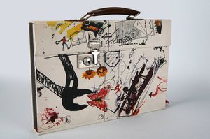 <i>Jean Tinguely: Meta (Signed Drawing)</i> by K.G. Pontus Hulten and Jean Tinguely, Paris, 1973. An artist's book object bound as a suitcase with lock closure and handle, <!--LINK'" 0:133--> collection.