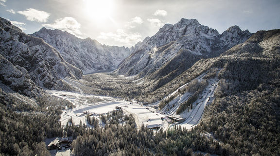 A view of Planica valley famous for its ski jumping since the 1930s. The Nordic Center Planica was newly designed in 2015.