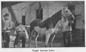 <i>Vojaki barvajo belca</i> [Soldiers painting the white horse], Ilustrirani glasnik, 1914, used on the cover of the catalogue <i>Winter Stock</i> by <!--LINK'" 0:62-->, 2008