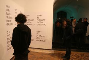 The opening of the <i>Article 23</i> exhibition, curated by <!--LINK'" 0:141-->, <!--LINK'" 0:142-->, 2008. On the wall: posters by Goran Trbuljak, Croatian conceptual artist.