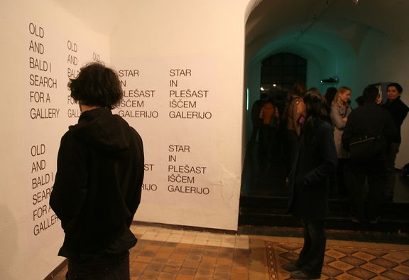 The opening of the Article 23 exhibition, curated by Alenka Gregorič, Škuc Gallery, 2008. On the wall: posters by Goran Trbuljak, Croatian conceptual artist.