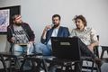 Editor Aljoša Harlamov in conversation with screenplay writers Nejc Juren and Izar Lunaček at <!--LINK'" 0:1-->, 2017.
