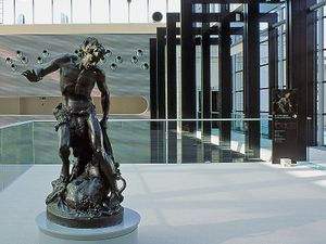 <i>Startled Satyr</i>, a student work by <!--LINK'" 0:193-->, 1894, awarded with Fueger Medal, today set up in the entrance hall of the <!--LINK'" 0:194-->. Zajec was commissioned to make a sculpture of a poet <!--LINK'" 0:195--> for the central square in Ljubljana, unveiled in 1905.