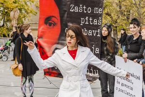 <i>My Body, My Territory</i>, a street performance by the ACT Women group at the October special festival edition <i>Red Dawn above the City of Women</i> in 2013