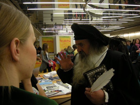 Master Janez, the Gutenberg-style print-maker from the Bled Castle, offering his services at the Cultural Bazaar in Cankarjev dom, 2014