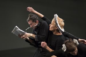 Pablo Picasso's <i>Desire Caught by the Tail</i> directed by <!--LINK'" 0:139-->, as the last part of her <i>Source Image</i> trilogy produced by <!--LINK'" 0:140-->, staged at the <!--LINK'" 0:141-->, 2014. From left to right: <!--LINK'" 0:142-->, <!--LINK'" 0:143-->, <!--LINK'" 0:144-->