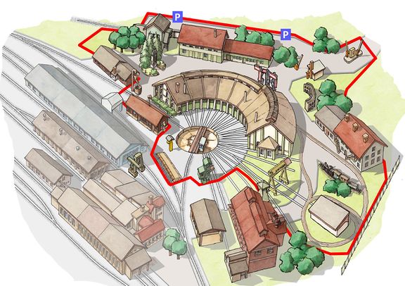 An illustrated map of the museum Railway Museum of Slovenske železnice, as drawn by Aleksander Jankovič Potočnik (also author of the now defunct Ars-cartae.com)