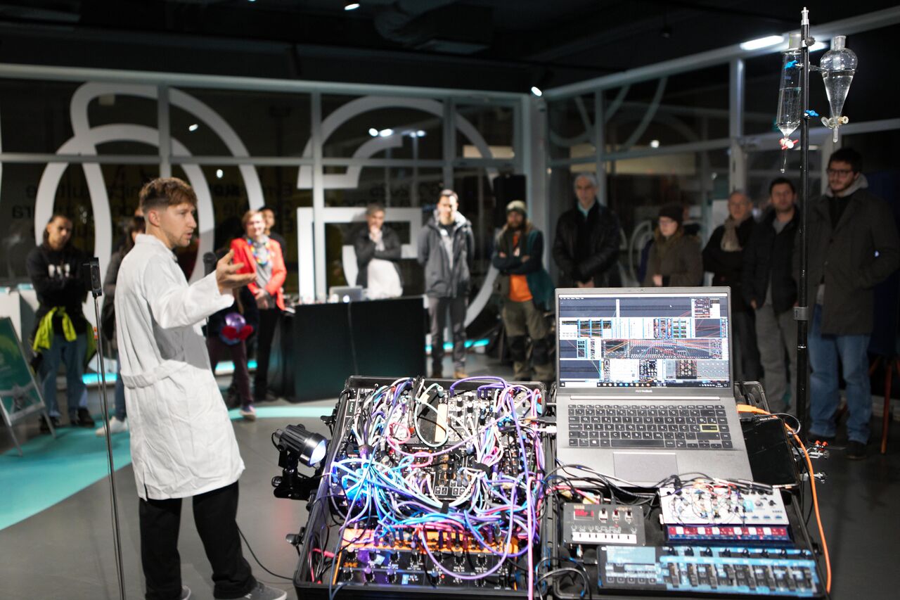 The opening of the exhibition "H20ffgrid Pluvio Collector" by Miha Godec in Xcenter in 2024.