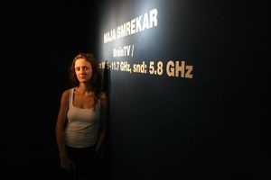 Portrait of artist <!--LINK'" 0:209--> during her installation <i>BrainTV</i> at <!--LINK'" 0:210-->, Ljubljana