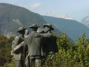 Stojan Batič's Monument to four courageous men, Ribčev Laz commemorating the first ascent to Mount Triglav in 1778, Bohinj, Gorenjska. Erected in 1978. Triglav National Park