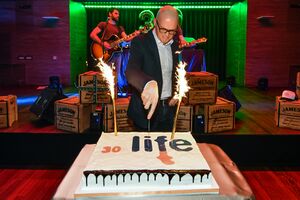 <!--LINK'" 0:998-->, a programme director of the <!--LINK'" 0:999-->, celebrating the the 30th edition of the festival. Cankarjev dom Club, 2019.