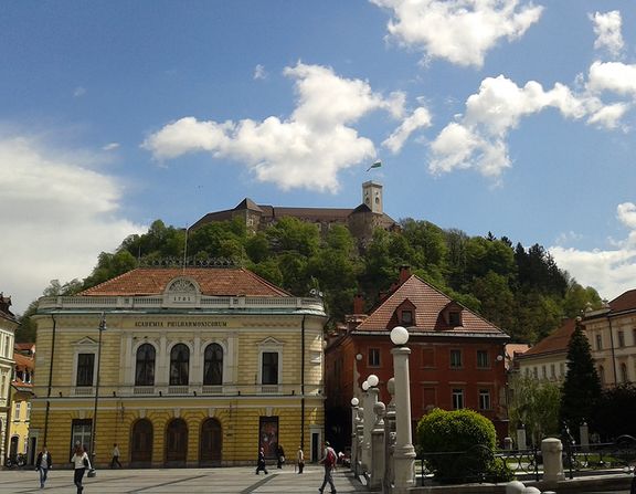 Ljubljana Castle and Slovene Philharmonic, shot from the recently renewed Congress Square [Kongresni trg], 2012