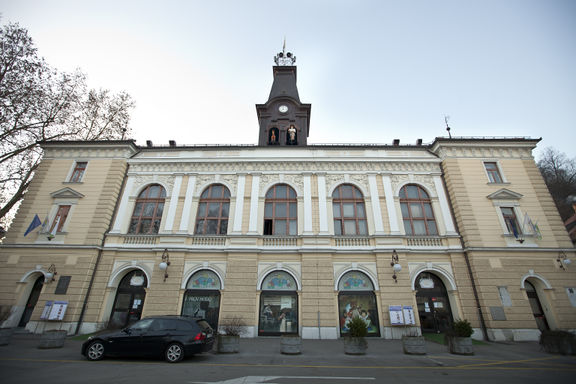 Ljubljana Puppet Theatre, 2012. At every full hour puppet of Martin Krpan, famous fictional hero in Slovenian literature, and his mare step out of interesting roof turret with a clock, which was put there in 1987.