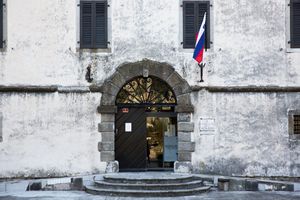 The front door of the 13th-century fortress, now accommodating the <!--LINK'" 0:12--> with its rich collection of paintings, cultural and historical artefacts, and rooms for occasional exhibitions and symposia.