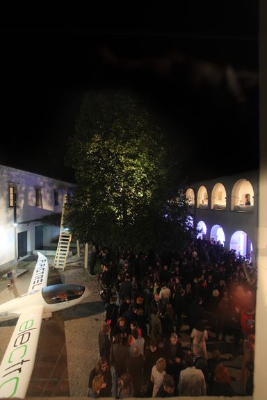 Pipistrel Taurus Electro, self-launching two-seat glider with retractable electric motor, designed by Ivo Boscarol and the Pipistrel company team (Slovenia), BIO Gold Medal winner. Exhibited in the courtyard of Fužine Castle, Museum of Architecture and Design, on the occasion of the 22nd Biennial of Industrial Design (BIO), 2010