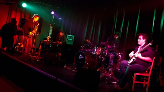 Lolita performing at Klub Gromka, Primoz Simončič - saxophone, Iztok Vidmar - electric guitar, bass guitar, Neža Naglič - keyboards, Uros Srpčič - drums. Metelkova mesto Autonomous Cultural Zone, 2011