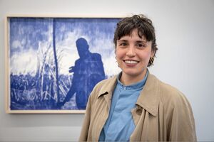 The artist Helena Tahir at the exhibition "Dear Father" at the HAUNT Centre for Art and Ecology, Berlin, 2026. Photo: Regina Sablotny