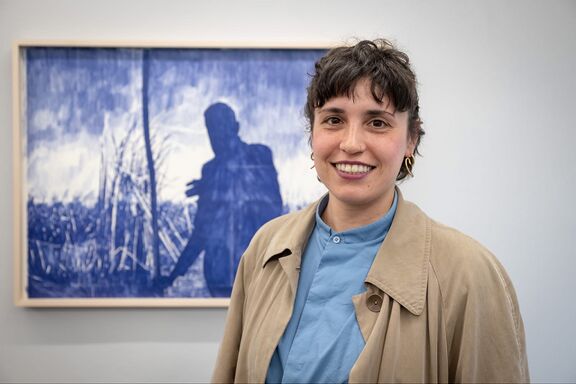 The artist Helena Tahir at the exhibition "Dear Father" at the HAUNT Centre for Art and Ecology, Berlin, 2026. Photo: Regina Sablotny