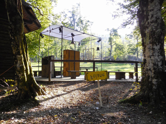 One of the Floating Castle Festival's stages with the set for The Trial or The Woeful Story of Joseph K by Maribor Puppet Theatre, 2015