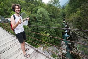 Klemens Kohlweis with his parabolic directed microphone above Soča river, <!--LINK'" 0:445-->, 2018.