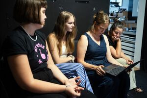 A peer2peer meeting of the DSAF resident Naomi van Niekerk with Slovene animators <!--LINK'" 0:66-->, <!--LINK'" 0:67--> and <!--LINK'" 0:68--> (from left to right). <!--LINK'" 0:69--> Studio, September 2024.