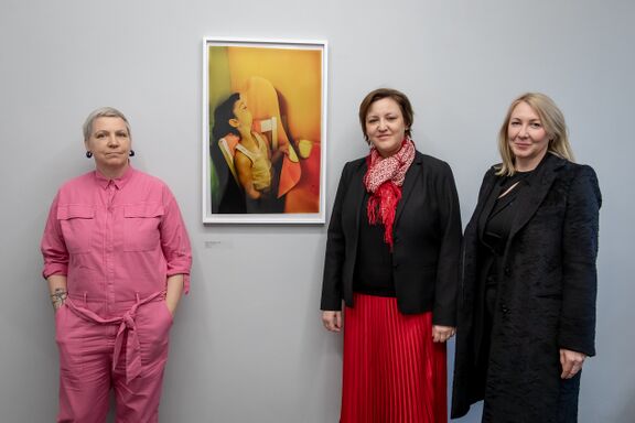 The opening of the exhibition "Birds of Paradise" by Vanja Bućan at the European Month of Photography in Berlin, 2023 (Vanja Bućan with the ambassador dr. Ana Polak Petrič and the Head of SKICA Berlin Saša Šavel Burkart). Photo: Regina Sablotny