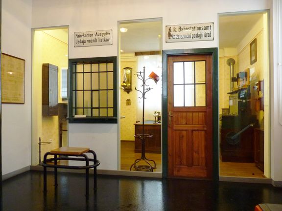 A reconstruction of the historic railway station, as set up at the Railway Museum of Slovenske Železnice, 2012