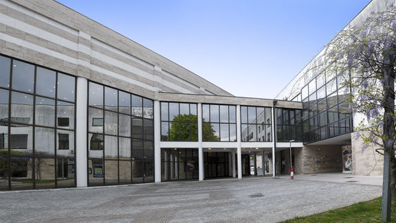 The main entrance to the Kosovel Culture House Sežana, a regional cultural centre, 2014