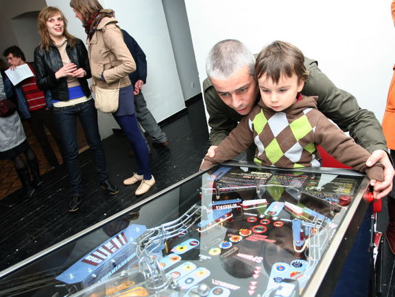 Artist Janez Janša at his Machina ZOIS, the Article 23 exhibition, held at Škuc Gallery in 2008