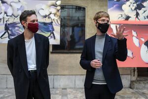 The 2021 Fabula book collection lives through the illustrations of the designer and illustrator, <!--LINK'" 0:13-->, aka Brglesita, which were presented at an exhibition at the <!--LINK'" 0:14--> in Ljubljana. Here, the artist is accompanied by the festival's artistic director <!--LINK'" 0:15-->. Photo: Jaka Gaser