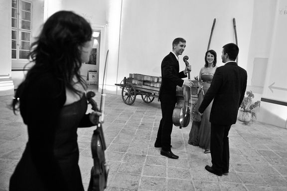 Božena Angelova, Tomaž Sevšek, Domen Marinčič (all musica cubicularis), and Barbara Kozelj, mezzosoprano, before the concert at the Radovljica Manor in 2010