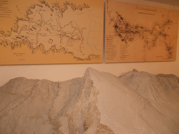 In the Krn Room at Kobarid Museum the central exhibit of this room is the 1:1000 scale model of Mount Krn, Mount Batognica, and the neighbouring peaks.
