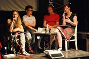 A discussion on poetry critique at the Pranger Festival 2015, moderated by Laura Repovš, with Urška Zupančič, Grega Ulen and Domen Bertoncelj. Klub Menza pri koritu, Metelkova.