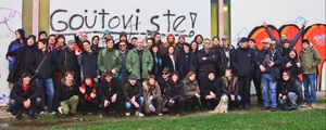 A group portrait of the journalists, anchors, technicians and other members of the almost 200 piece collective of <!--LINK'" 0:331-->