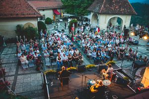 Recreating Middle Ages troubadour lyrics, the French trio Sirventes performed at the yard of the <!--LINK'" 0:187--> in 2016