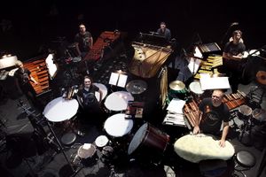 Group portrait of <!--LINK'" 0:101--> and pianist Milko Lazar at the <i>Shiver: Sound on Skin</i> performance in Cankarjev dom, 2009