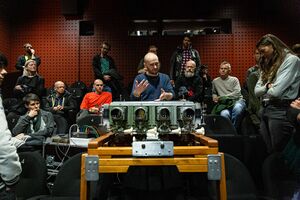 The presentation of <i>Archeoscope</i>, a special opto-mechanical projecting apparatus created for live film performances, invented and constructed by Czech filmmaker Jan Kulka, <!--LINK'" 0:263--> 2023. Author: Asiana Jurca Avci