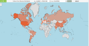 Online version (printscreen) of interactive <!--LINK'" 0:15-->, featuring locations of the events related to Literature that took place 2010&ndash;2018. Culture from Slovenia Worldwide Events collected 2010&ndash;2018 by <!--LINK'" 0:16--> for the <!--LINK'" 0:17--> database of events worldwide.