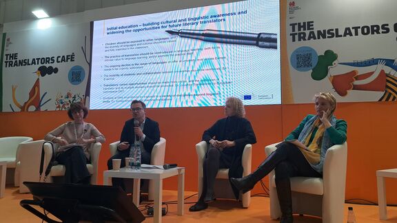 The panel discussion on the Translators on the Cover report at the Bologna Children's Book Fair 2025.