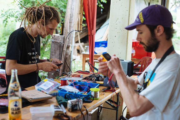 The Austrian musician Sebastian Frisch (on the left) was researching the accoustic potentials of wood at PIFcamp, 2015