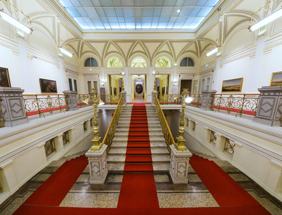 The grand staircase at the National Gallery of Slovenia in Ljubljana. The palace was built during the late 19th century along the plans of František E. Škabrout.