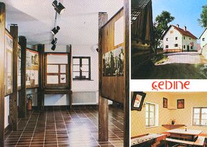 Interior and exterior views of old Barlič homestead that houses the memorial room, established 1985, commemorating the <!--LINK'" 0:552--> 1937