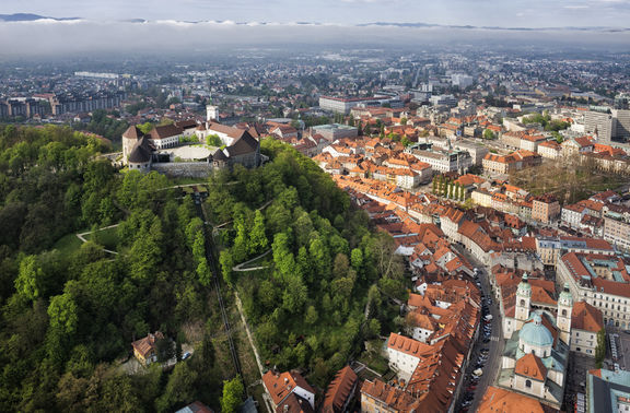 A beautiful aerial view of Ljubljana Castle and the Old Town Centre, 2008
