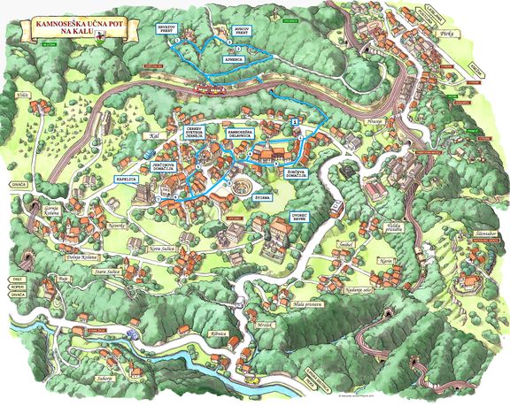 The pictorial map of Kal with the stonecutting educational trail. Drawn by A. J. Potočnik for Štirna Kal Society.