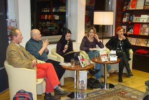 Vili Rezman (second from the left) presenting his awarded work in <i>Konzorcij</i>, at <!--LINK'" 0:10--> during Fabula Festival of Stories, 2009