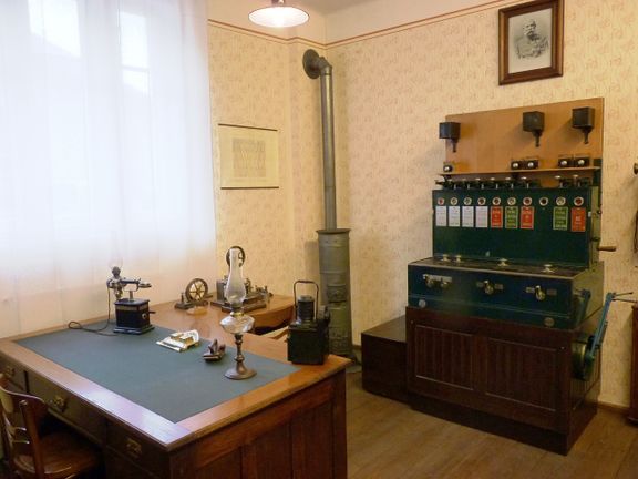 A Railway Museum of Slovenske železnice reconstruction of the old railway bureau, complete with the emperor Franz Joseph's (1830–1916) portrait, 2012