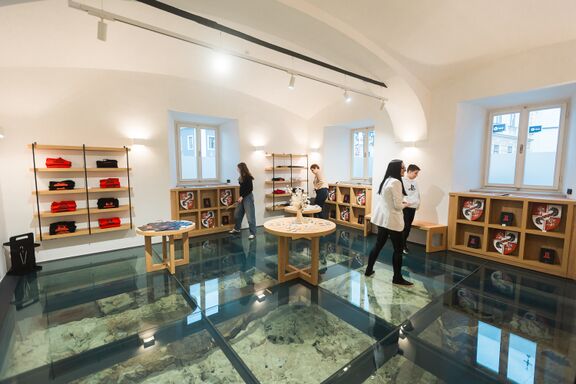 The Črnomelj Castle's museum shop with visible archeological excavations.