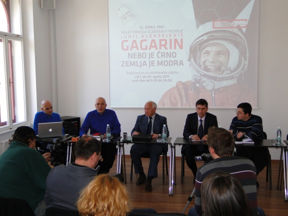 The exhibition Sky is black, Earth is blue, dedicated to the 50th anniversary of Yuri Gagarin's first flight into space, prepared by the Cultural Centre of European Space Technologies (KSEVT) team. The opening of the Russian Scientific and Cultural Centre, Ljubljana, 2011 (From left to right: Miha Turšič, Dragan Živadinov)