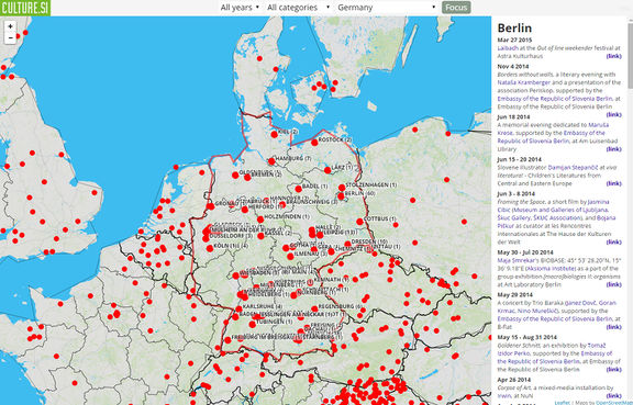 Online version (printscreen) of interactive Culture from Slovenia World Map, featuring events collected 2010-2014, Germany, Berlin.